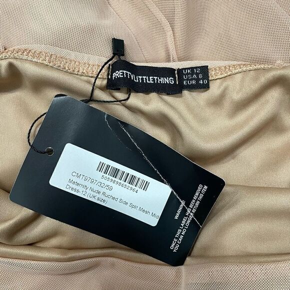 Pretty Little Thing Women’s 8 Nude Ruched Side Split Maternity MIDI Dress Mesh - Picture 9 of 10